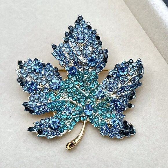 Yellow Gold with Blue Sapphire and Aquamarine Crystal Maple Leaf Pin Back Brooch - Picture 2 of 8